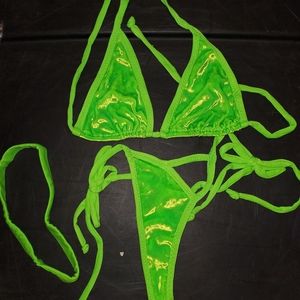 NWOT Sexy Skimpy Handmade Tri-Top Tie-Side Lime Green Velvet Thong Fluid Bikini